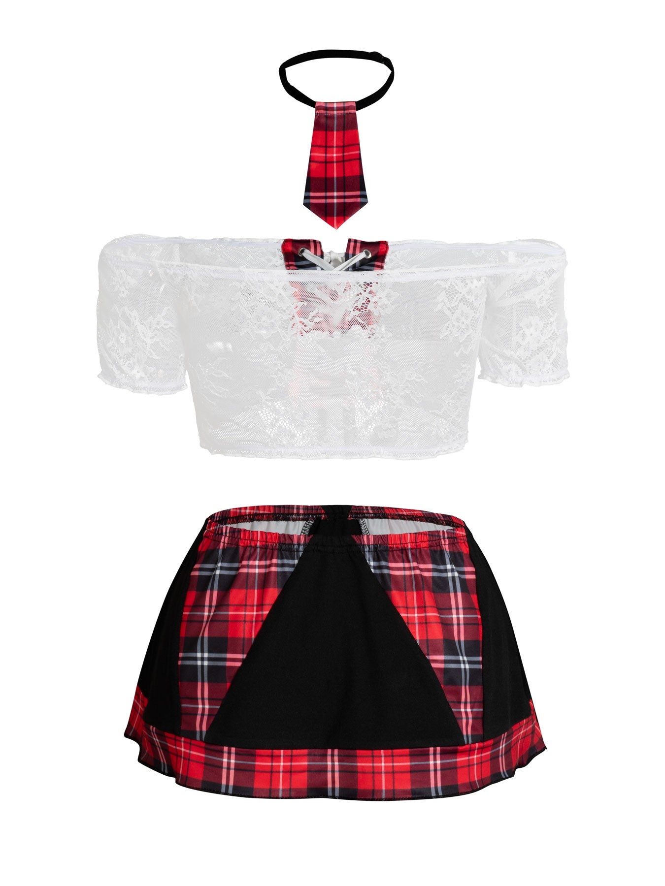 Lace Plaid Off-the-shoulder Tie 4-piece Set