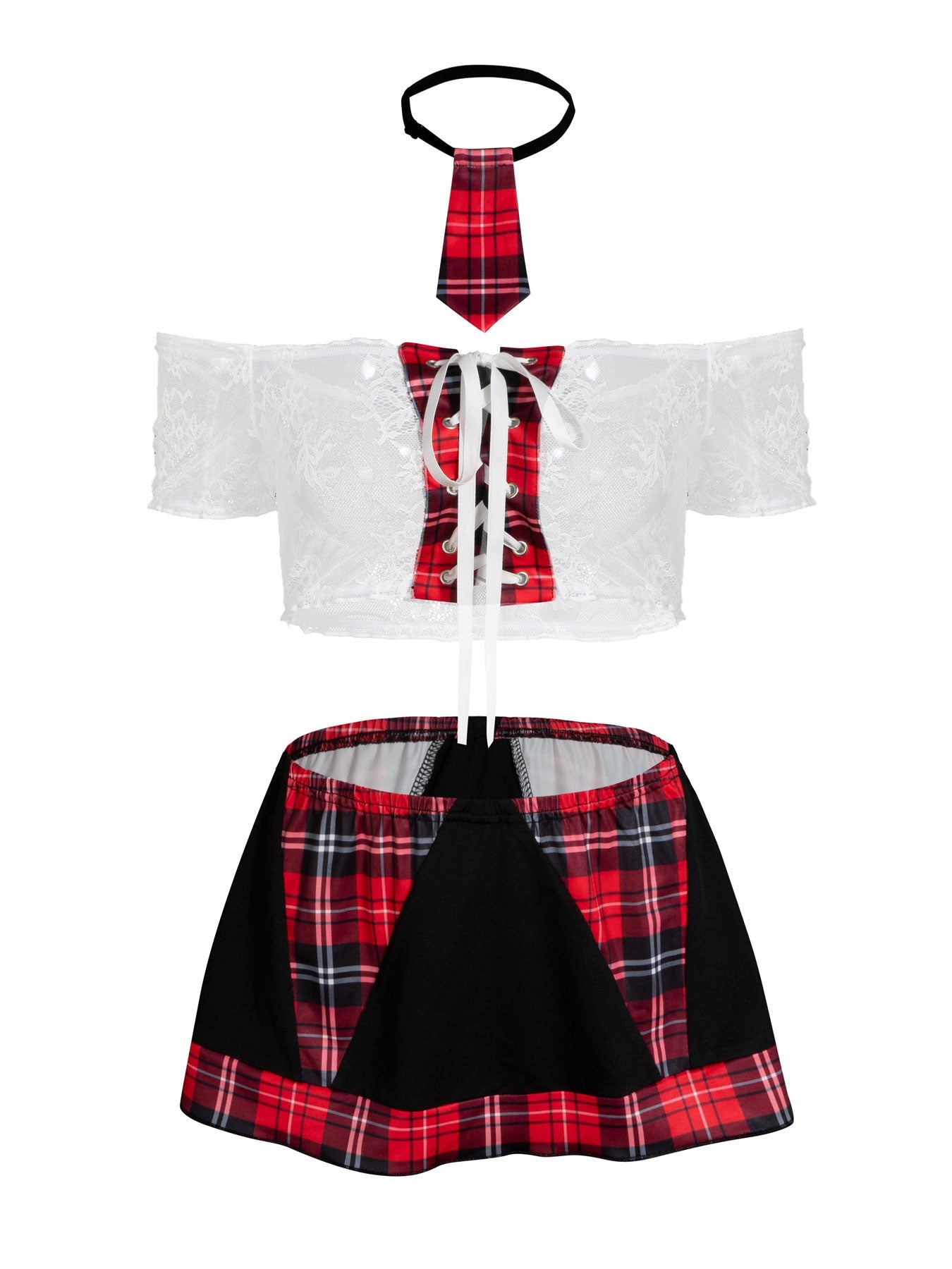 Lace Plaid Off-the-shoulder Tie 4-piece Set